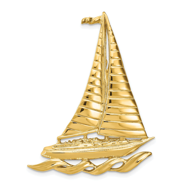 14k Yellow Gold Polished Texture Finish Sailboat with Waves Design Charm Pendant