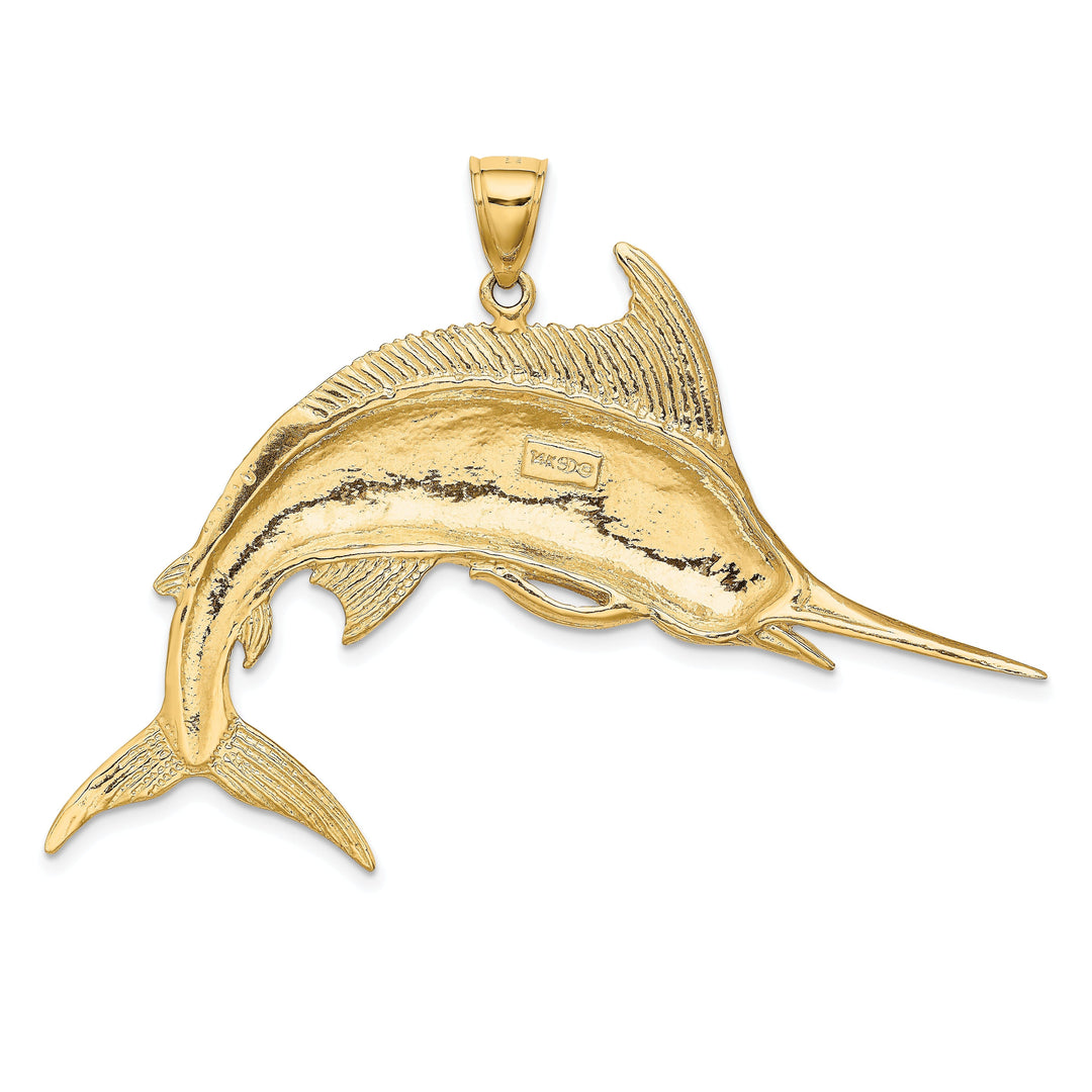 14K Yellow Gold 2-Dimensional Solid Textured Polished Satin Finish Blue Marlin Fish Charm Pendant