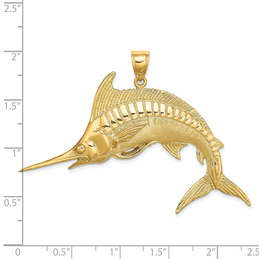 14K Yellow Gold 2-Dimensional Solid Textured Polished Satin Finish Blue Marlin Fish Charm Pendant