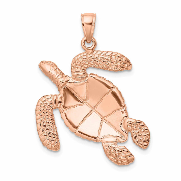 14K Rose Gold Large Solid Casted Polished and Textured Finish Swimming Sea Turtle Charm Pendant