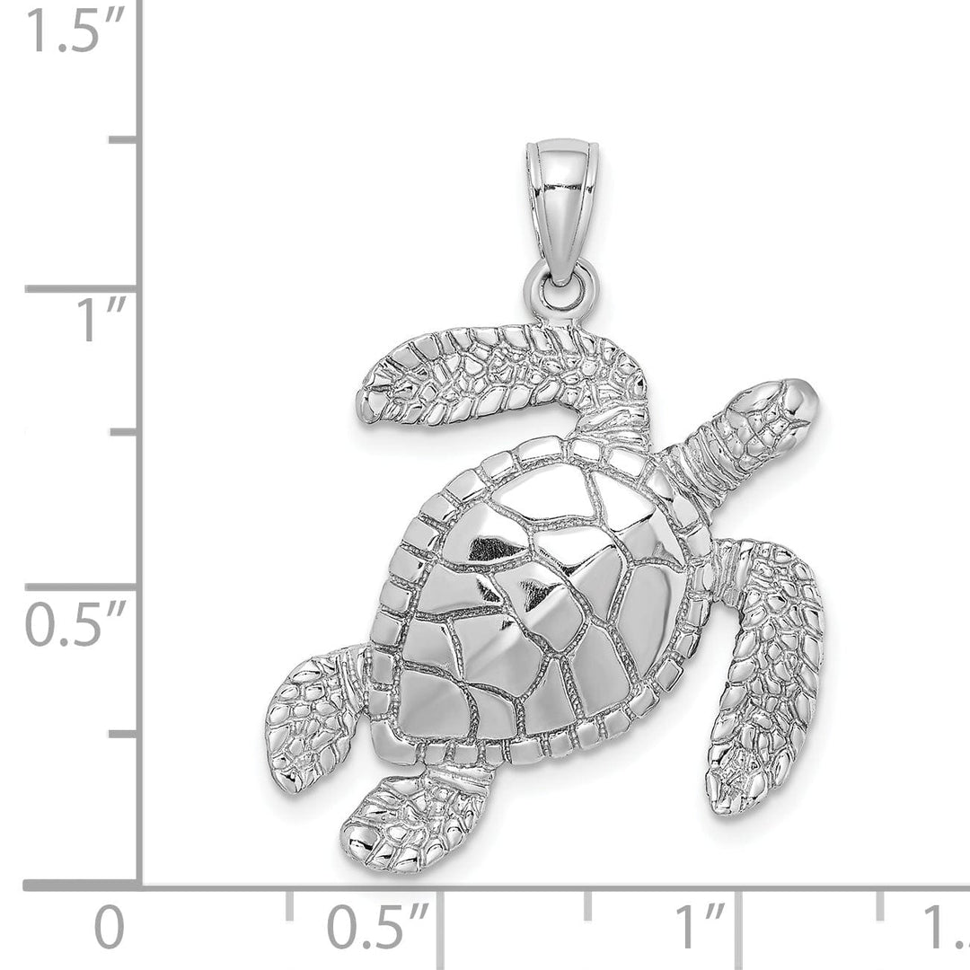 14K White Gold Large Solid Casted Polished and Textured Finish Swimming Sea Turtle Charm Pendant