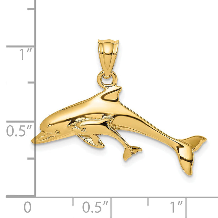 14K Yellow Gold Solid Polished Finish Dolphin with Baby Design Charm Pendant