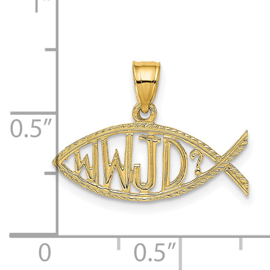 14K Yellow Gold Polished Texture Finish "WWJD" Ichthus Fish Pendant