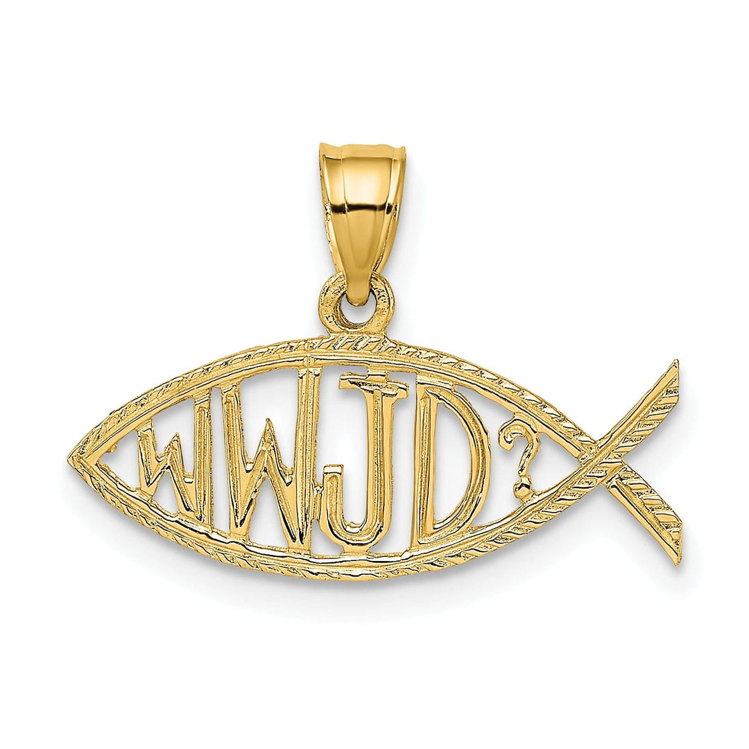 14K Yellow Gold Polished Texture Finish "WWJD" Ichthus Fish Pendant