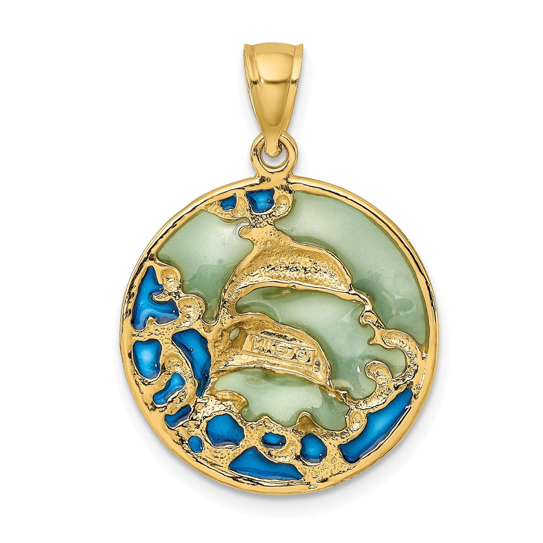 14K Yellow Gold Polished Blue Green Enameled Finish Two Dolphins Swimming Design Charm Pendant