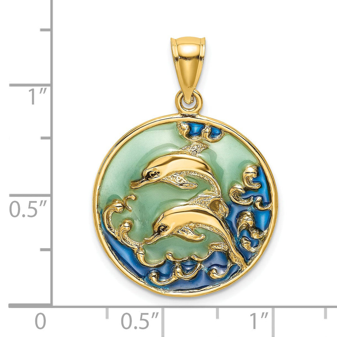 14K Yellow Gold Polished Blue Green Enameled Finish Two Dolphins Swimming Design Charm Pendant