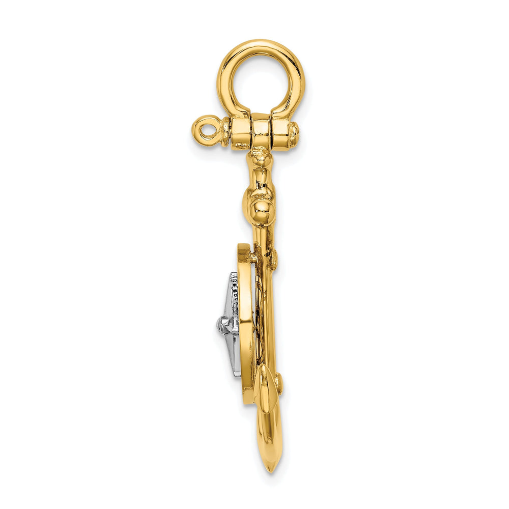 14K Yellow Gold Rhodium Polished Finish 3-Dimensional Anchor with Boating Compass and Needle Charm Pendant