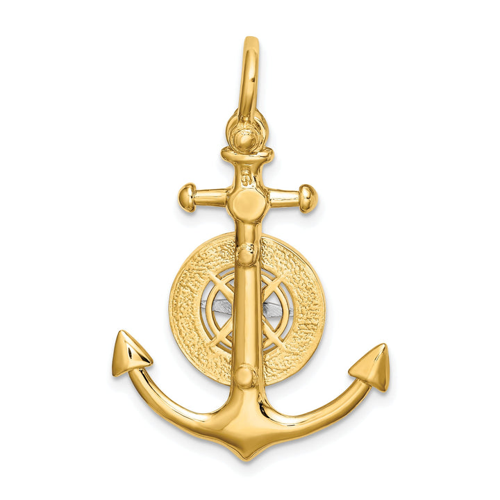 14K Yellow Gold Rhodium Polished Finish 3-Dimensional Anchor with Boating Compass and Needle Charm Pendant