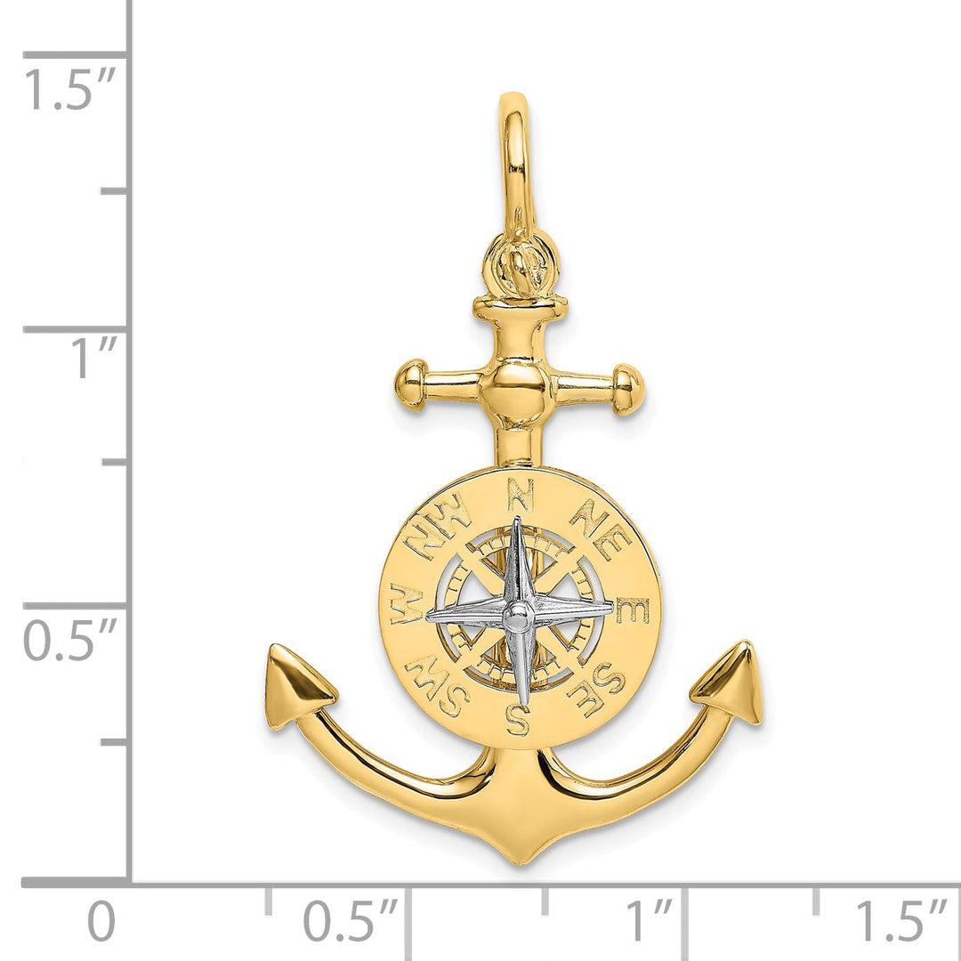 14K Yellow Gold Rhodium Polished Finish 3-Dimensional Anchor with Boating Compass and Needle Charm Pendant