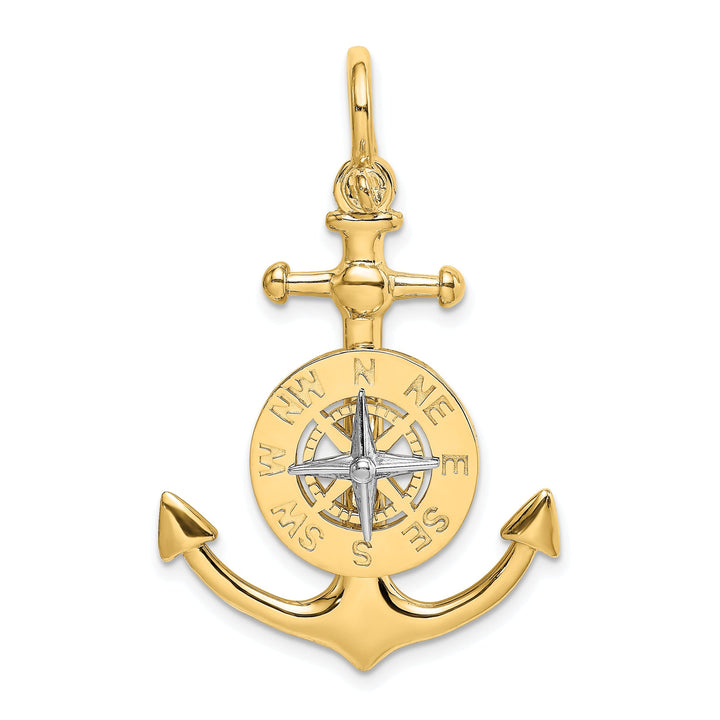 14K Yellow Gold Rhodium Polished Finish 3-Dimensional Anchor with Boating Compass and Needle Charm Pendant