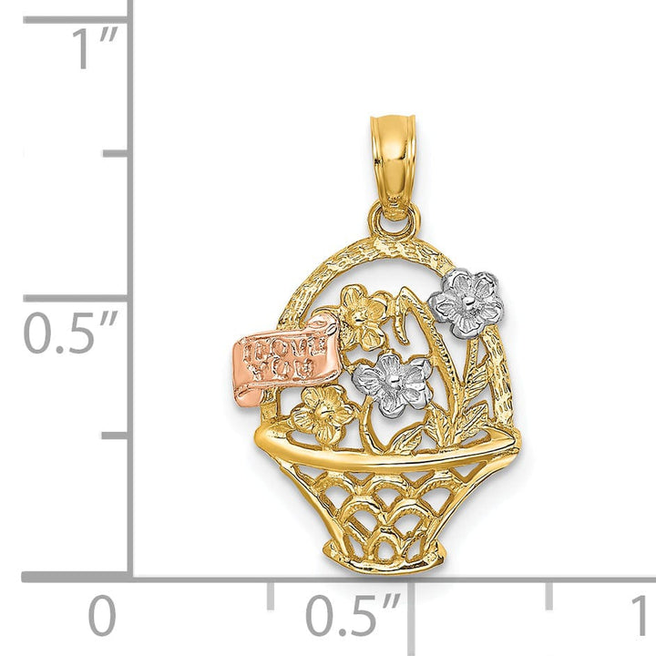 14k Tri-Color Gold Rhodium Plated Textured Open Back Solid Polished Finish Flower Basket with I LOVE YOU Charm Pendant