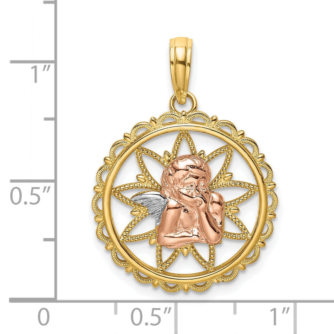 14K Yellow Rose Gold White Rhodium Polished Round Angel Medal Pendant