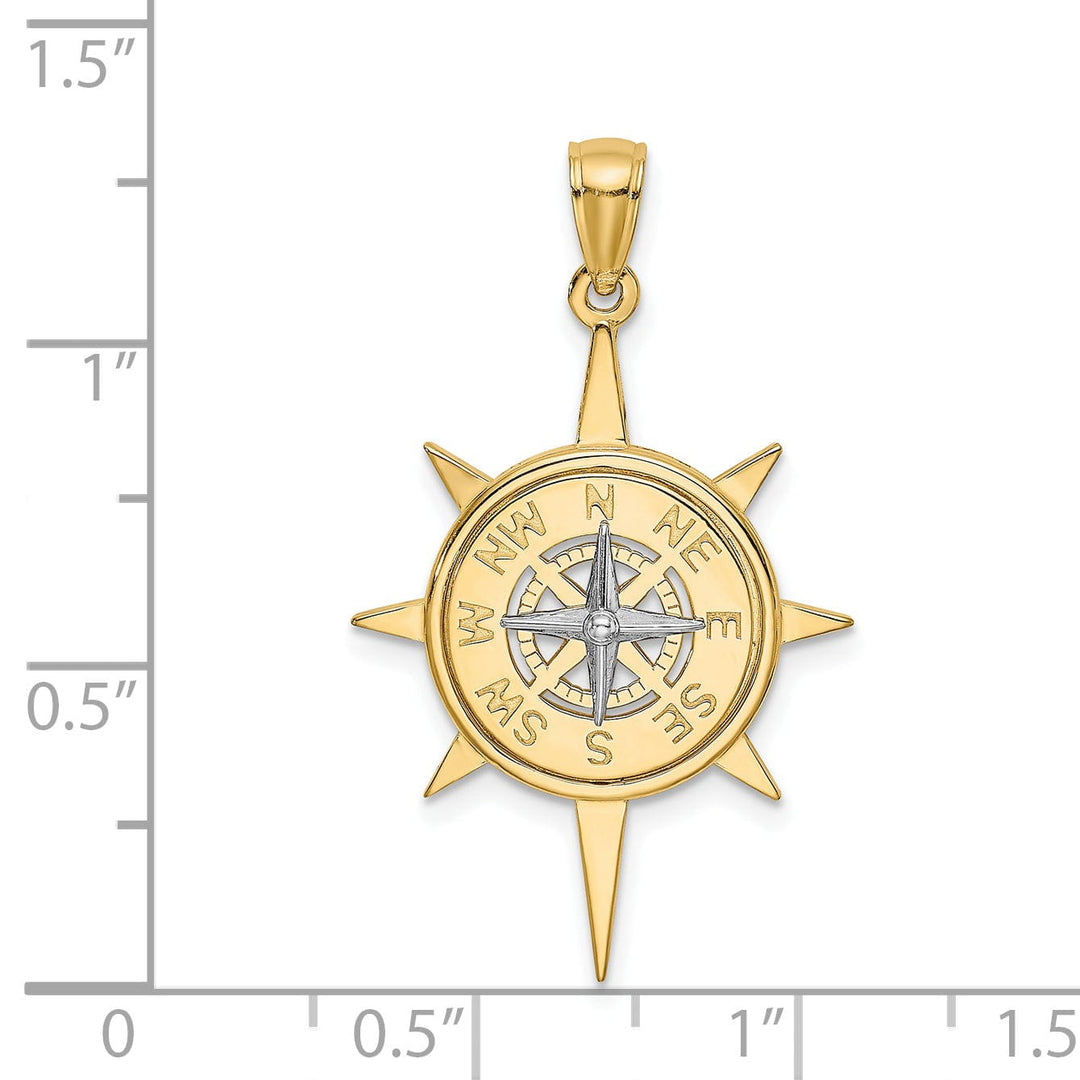 14K Two Tone Gold Polished Finish Star Design with Nautical Boating Compass Charm Pendant