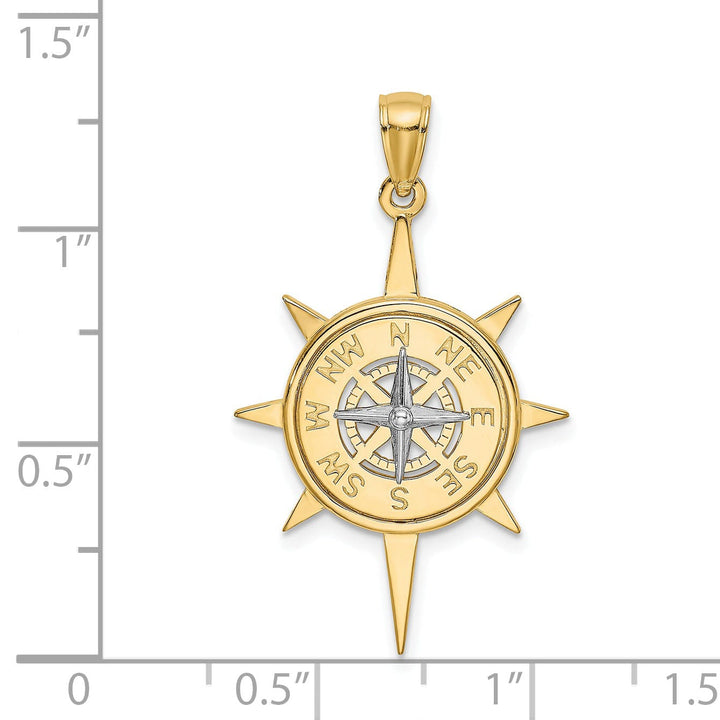 14K Two Tone Gold Polished Finish Star Design with Nautical Boating Compass Charm Pendant