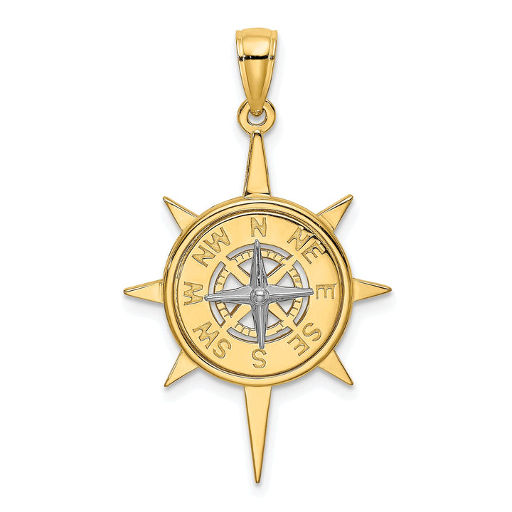 14K Two Tone Gold Polished Finish Star Design with Nautical Boating Compass Charm Pendant