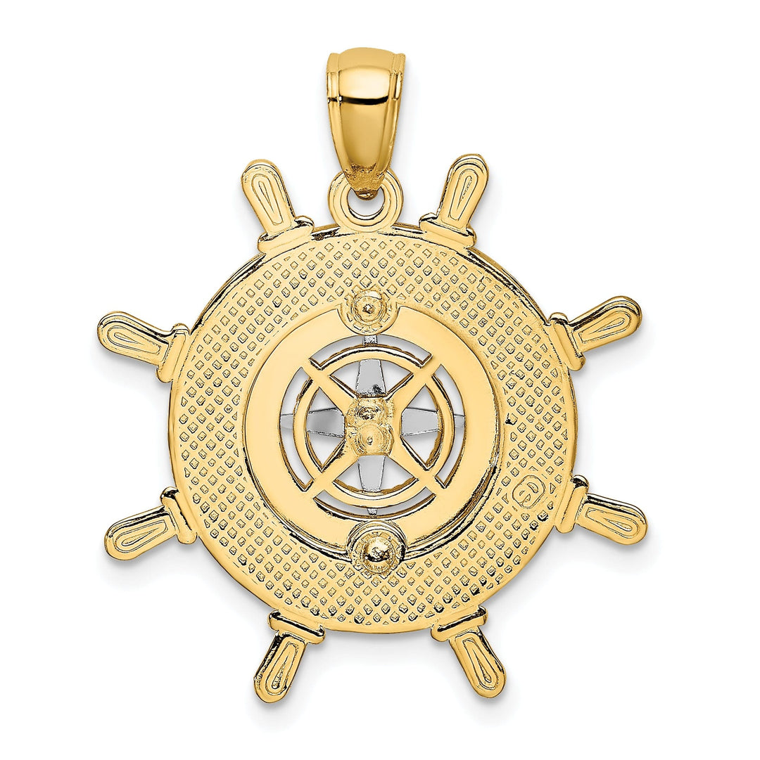 14K Yellow Gold Ship Wheel Design Nautical Boating Compass Pendant