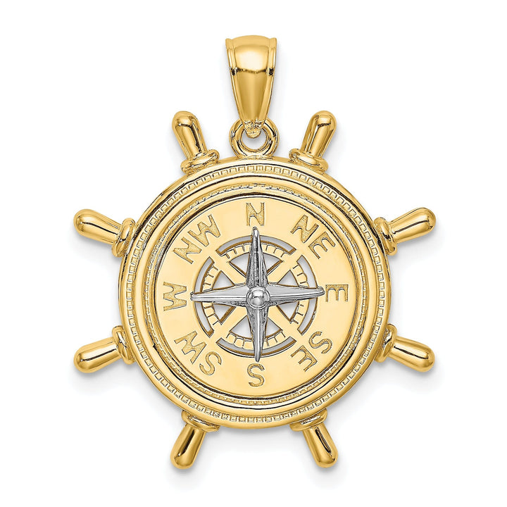 14K Yellow Gold Ship Wheel Design Nautical Boating Compass Pendant