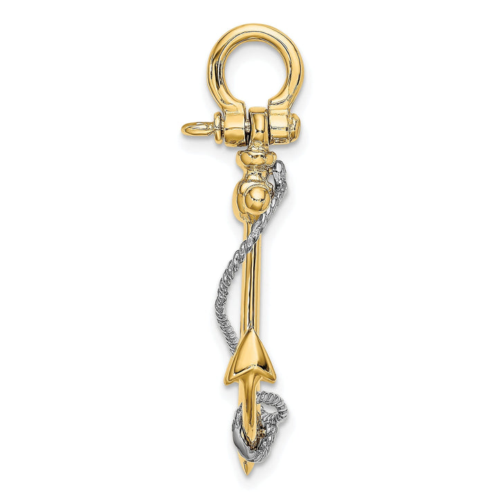 14K Yellow Gold Polished Finish 3-Dimensional Anchor with T Bar Rope Design and Shackle Bail Charm Pendant