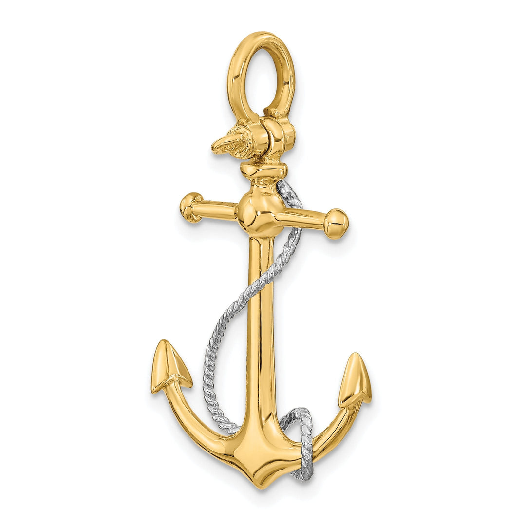 14K Yellow Gold Polished Finish 3-Dimensional Anchor with T Bar Rope Design and Shackle Bail Charm Pendant