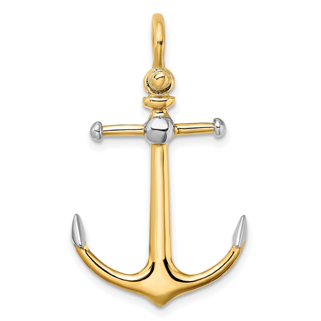 14K Yellow Gold Rhodium Polished Finish 3-Dimensional Anchor with Long T Bar and Shackle Bail Charm Pendant