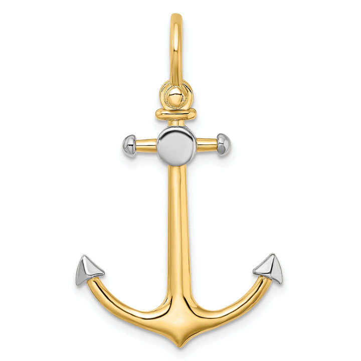 14K Yellow Gold Rhodium Polished Finish 3-Dimensional Anchor with Long T Bar and Shackle Bail Charm Pendant