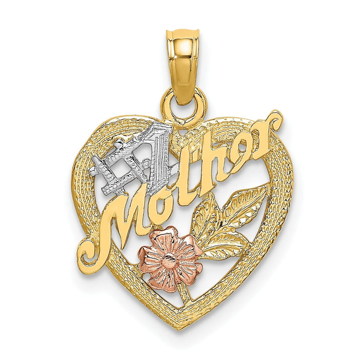 14K Two Tone Gold, White Rhodium Textured Polished Finish #1 MOTHER Heart with Leaf, Flower Design Charm Pendant