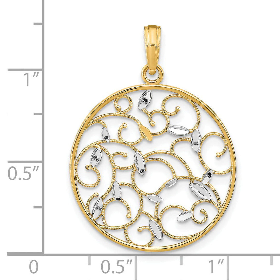 14K Yellow Gold, White Rhodium Filigree Polished Finish Floral Medallion Design Pendant