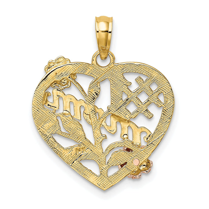 14K Two Tone Gold, White Rhodium Textured Polished Finish #1 MOM Heart with Leaf, Flower Design Charm Pendant