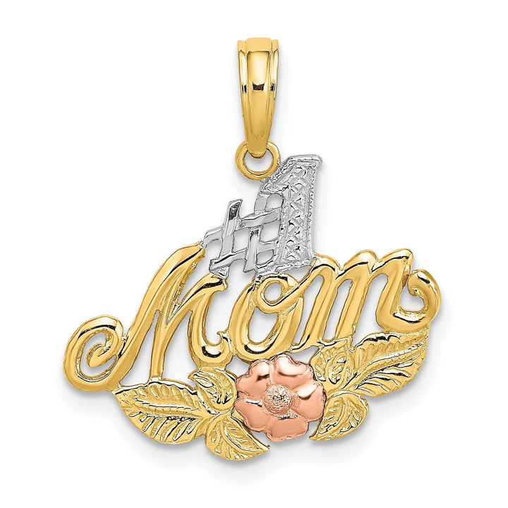 14K Two Tone Gold, White Rhodium Textured Polished Finish Script #1 MOTHER with Leaf, Flower Design Charm Pendant