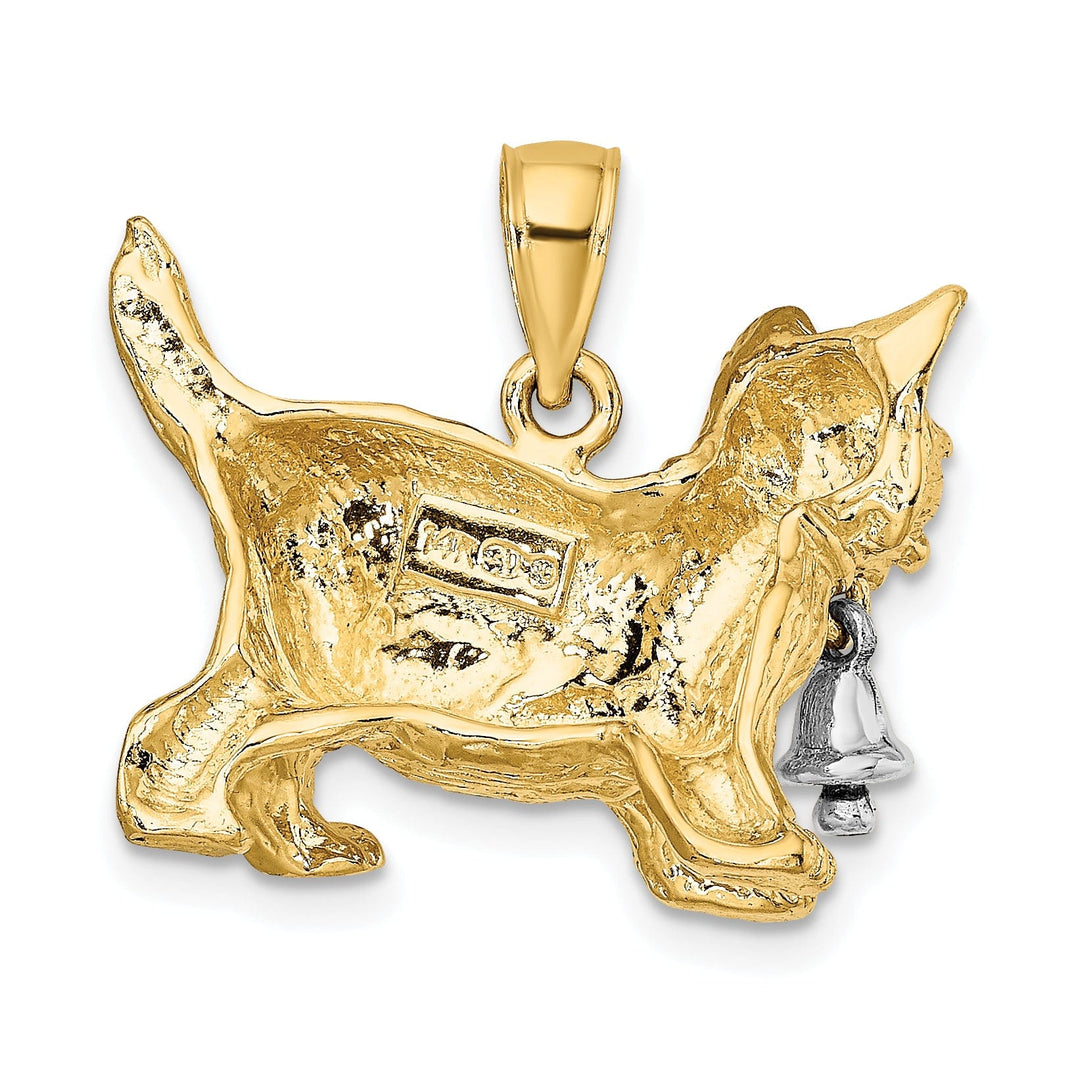 14kTwo-Tone Gold Textured Polished Finish Moveable Dangling Bell Cat Design Charm Pendant