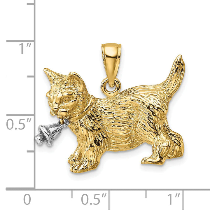 14kTwo-Tone Gold Textured Polished Finish Moveable Dangling Bell Cat Design Charm Pendant