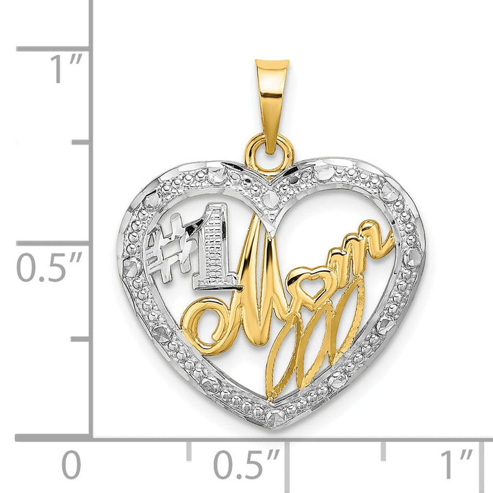 14k Yellow Gold, White Rhodium Textured Polished Finish #1 MOM In Heart Design Charm Pendant