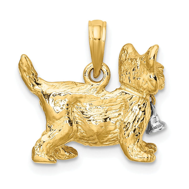 14k Two-Tone Gold 3-Dimensional Textured Polished Finish Moveable Dangling Bell and Cat Design Charm Pendant