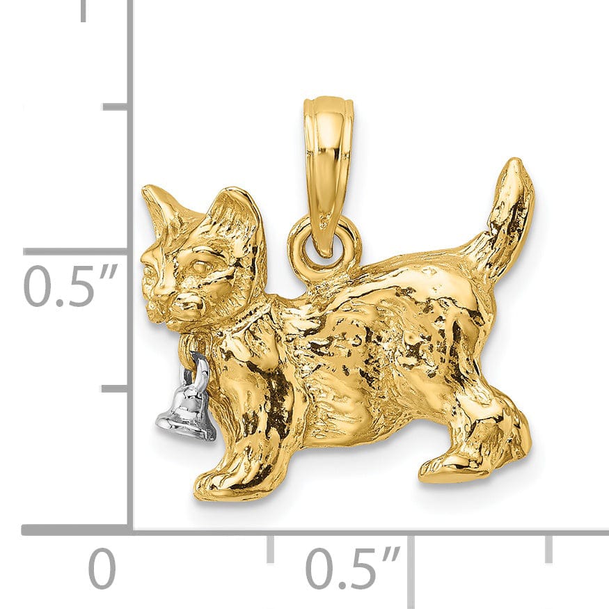 14k Two-Tone Gold 3-Dimensional Textured Polished Finish Moveable Dangling Bell and Cat Design Charm Pendant