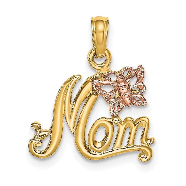 14k Two-Tone Gold Polished Finish Script MOM with Butterfly Design Charm Pendant