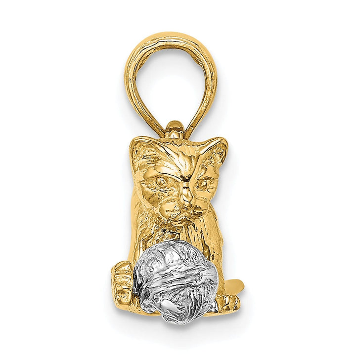 14k Two-Tone Gold 3-Dimensional Textured Polished Finish Moveable Ball Cat Design Charm Pendant