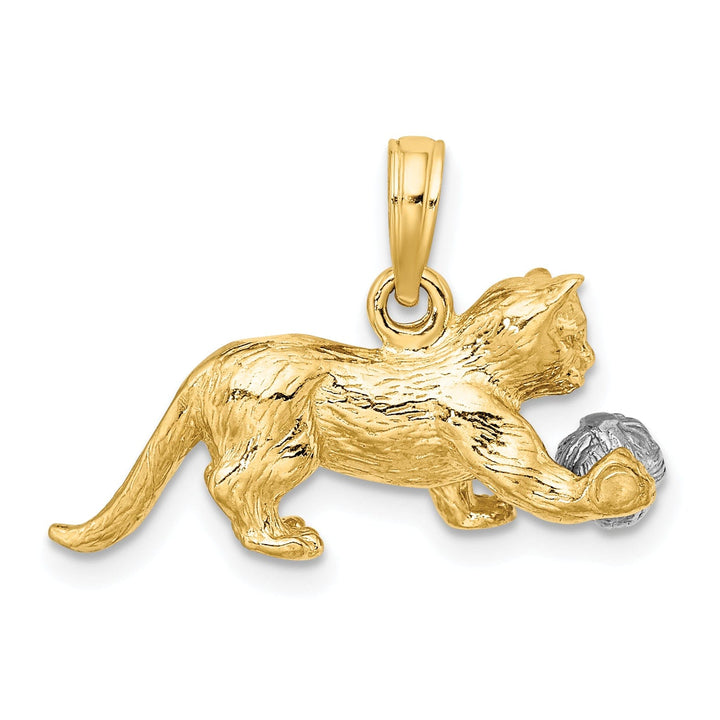 14k Two-Tone Gold 3-Dimensional Textured Polished Finish Moveable Ball Cat Design Charm Pendant