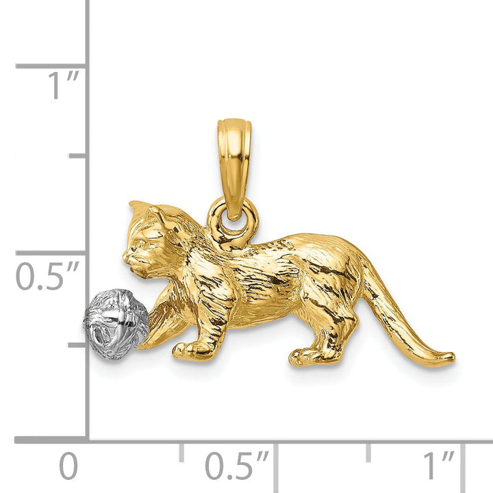 14k Two-Tone Gold 3-Dimensional Textured Polished Finish Moveable Ball Cat Design Charm Pendant