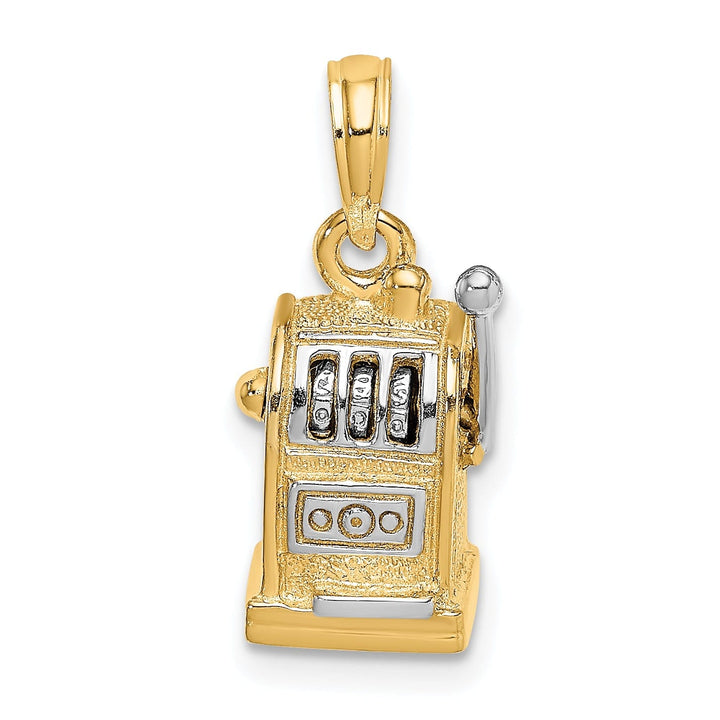 14k Yellow Gold White Rhodium Textured Polished Finish 3-Diamentional Moveable Handle Slot Machine Charm Pendant