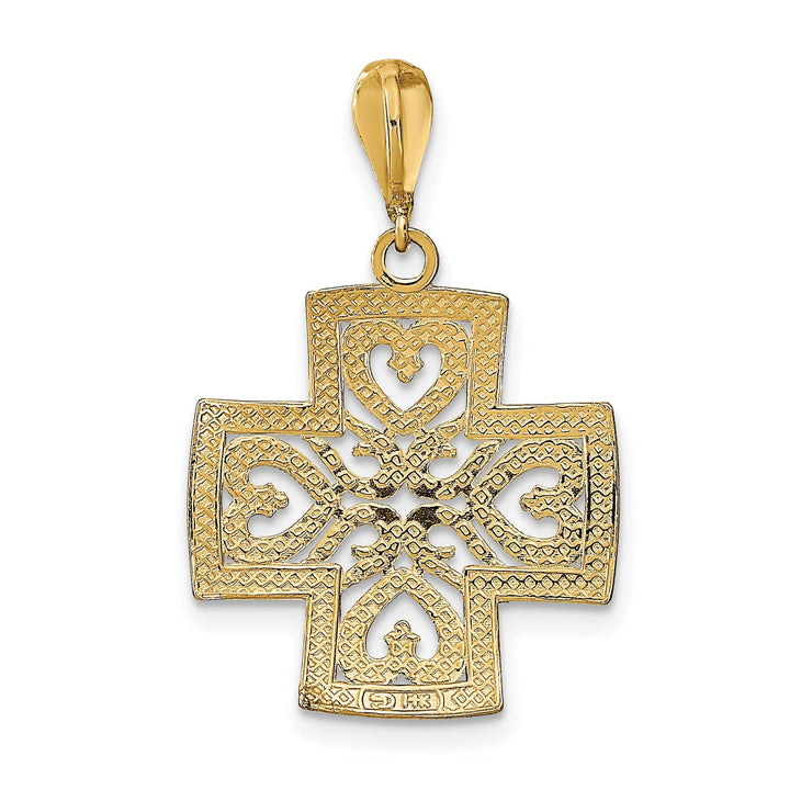 14K Yellow Gold, White Rhodium Large Size Filigree Polished Diamond Cut Finish Hearts Design Maltese Cross Pendant