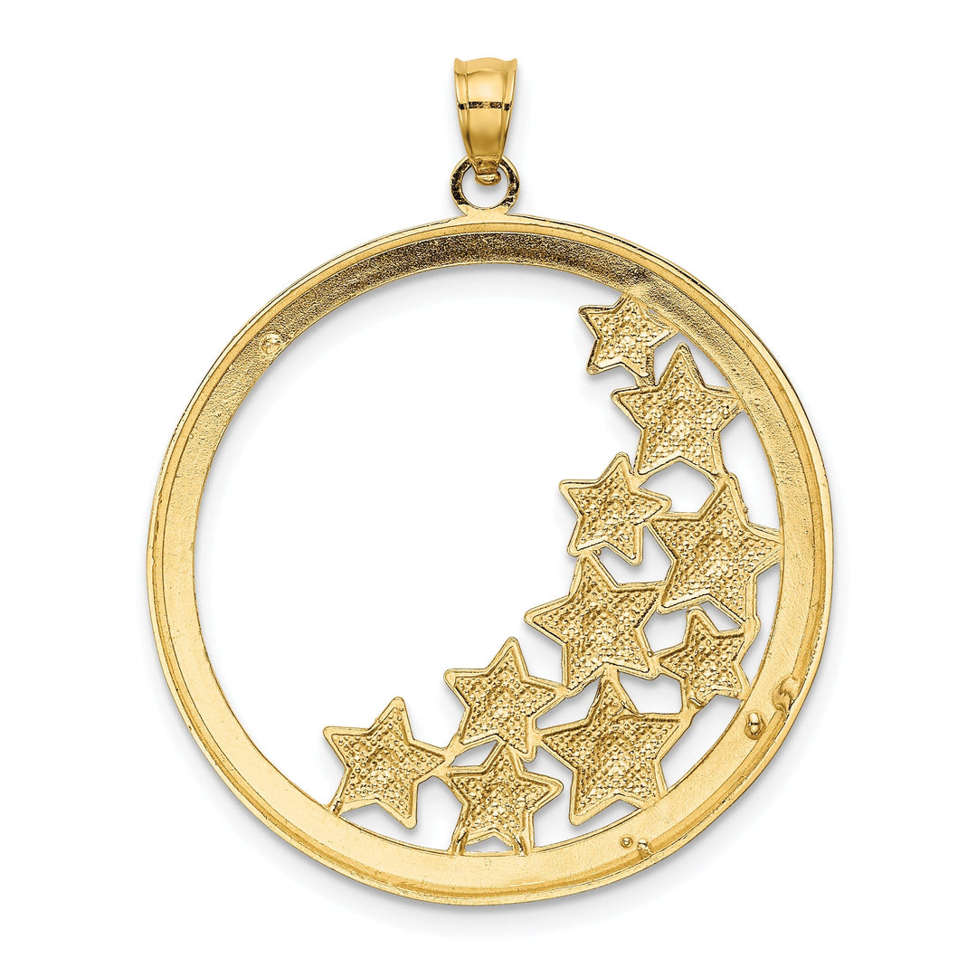 14k Yellow Gold White Rhodium Textured Polished Finish Stars in Round Frame Charm Pendant