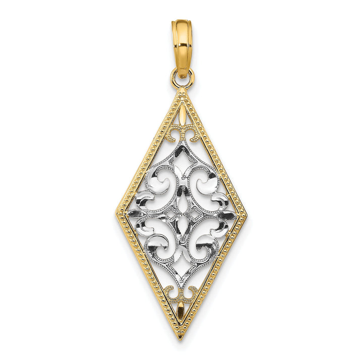 14K Yellow Gold, White Rhodium Polished Diamond Cut Finish Diamond Shape Cut-Out Filigree Design Pendant