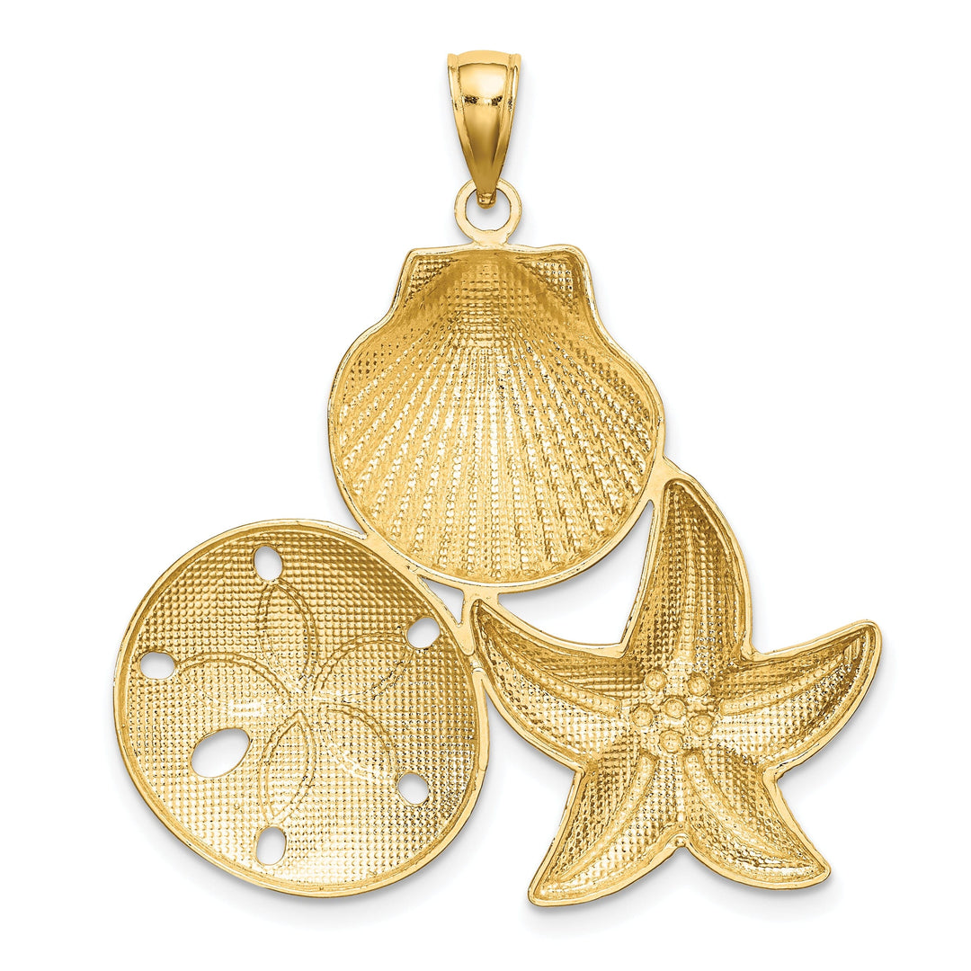 14k Yellow Gold White Rhodium Diamond Cut Polished Finish Scallop Starfish Sand Dollar Design Charm Pendant