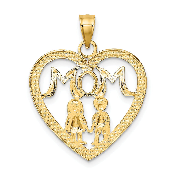 14k Yellow Gold, White Rhodium Textured Polished Finish MOM with 2 Kids in Heart Design Charm Pendant