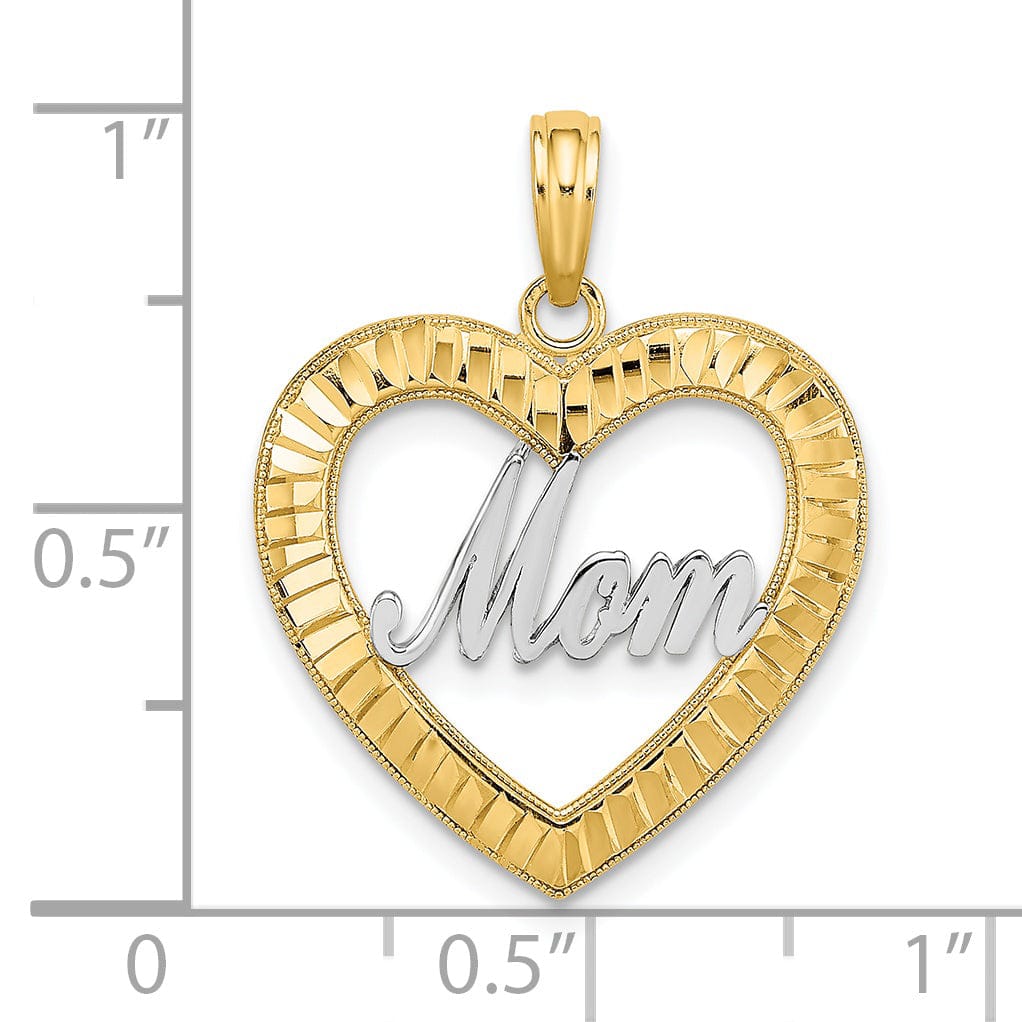 14k Yellow Gold, White Rhodium Diamond Cut Polished Finish Heart Shape Design MOM Charm Pendant