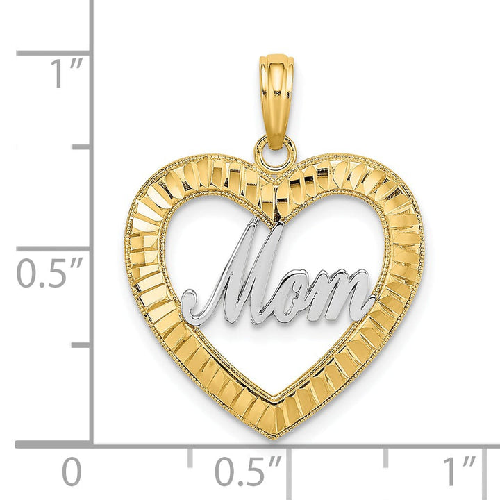 14k Yellow Gold, White Rhodium Diamond Cut Polished Finish Heart Shape Design MOM Charm Pendant