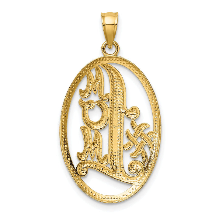 14k Yellow Gold, White Rhodium Polished Finish Script #1 MOM Oval Shape Design Charm Pendant