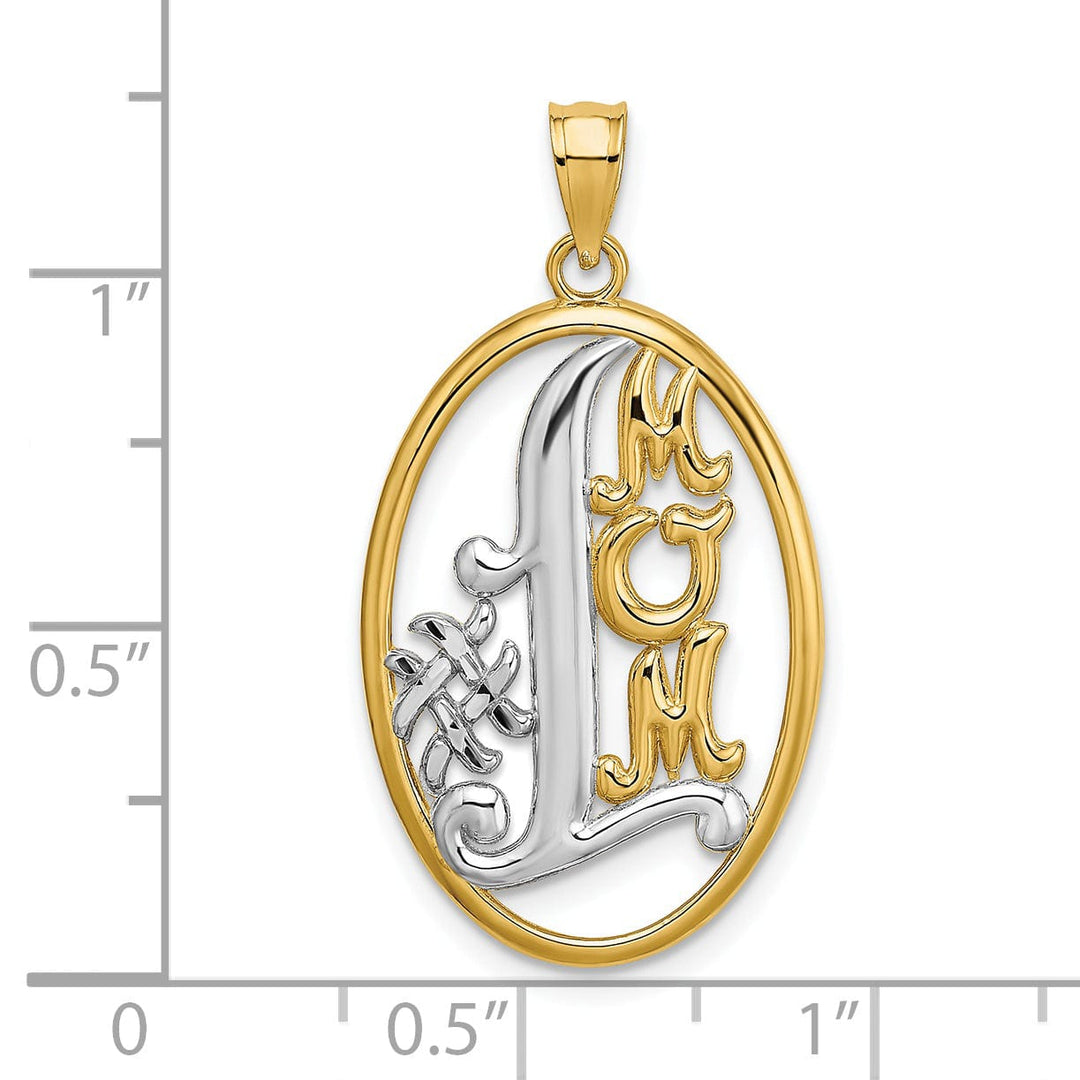 14k Yellow Gold, White Rhodium Polished Finish Script #1 MOM Oval Shape Design Charm Pendant