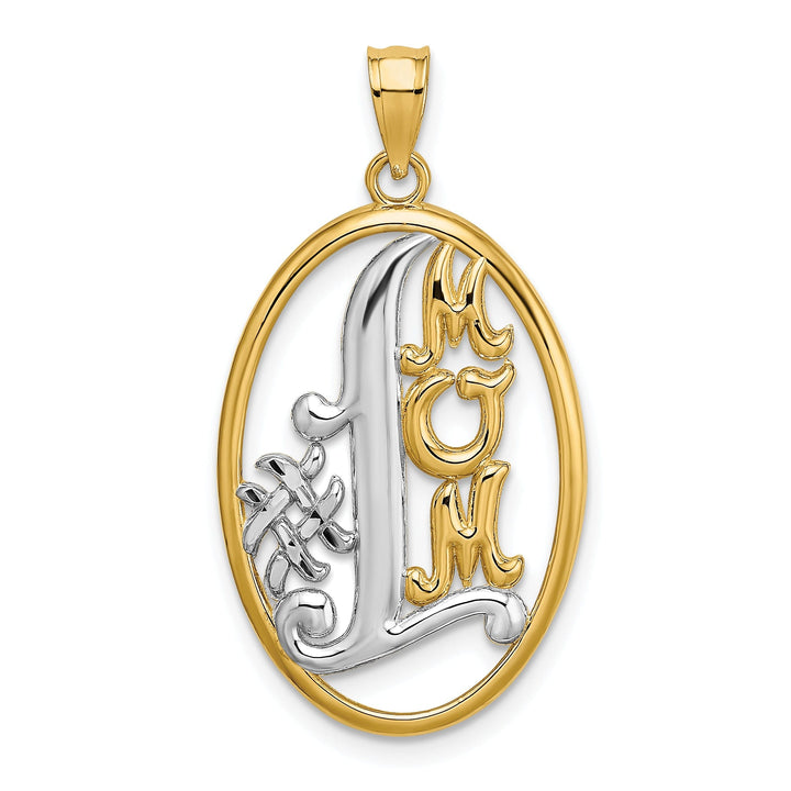 14k Yellow Gold, White Rhodium Polished Finish Script #1 MOM Oval Shape Design Charm Pendant