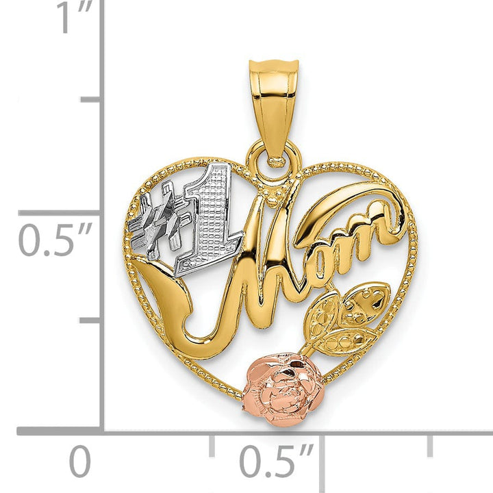 14k Two Tone Gold,White Rhodium Texture Polished Finish #1 MOM with Flower Design Charm Pendant